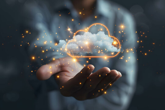 Cloud computing technology concept, data storage server and system, cloud icon floating on hand