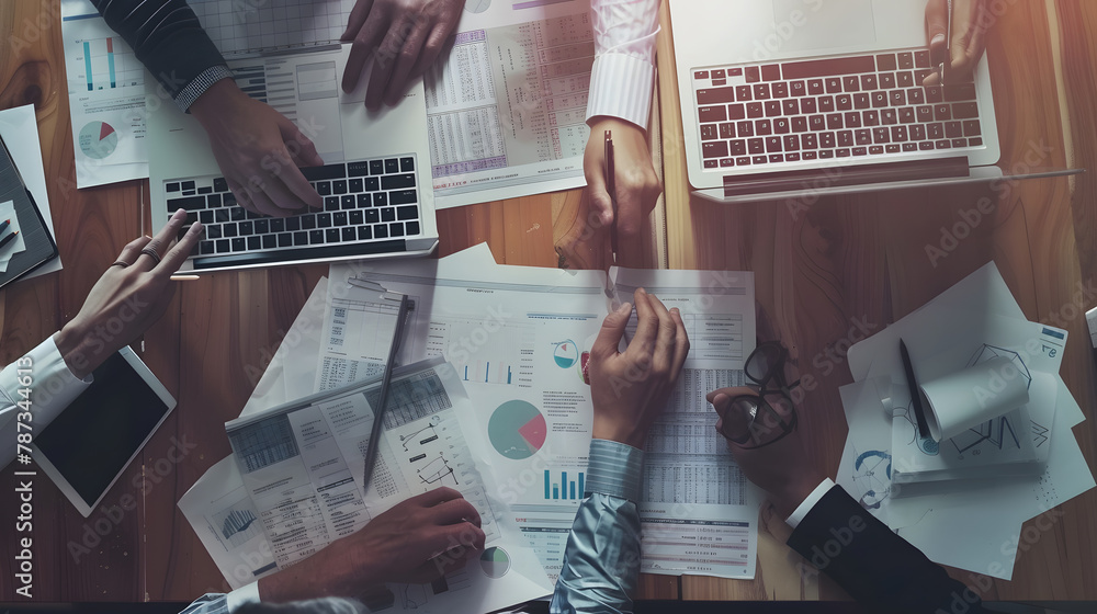Leinwandbilder business team hands at work with financial reports and a laptop blank copyspace on left top view : g