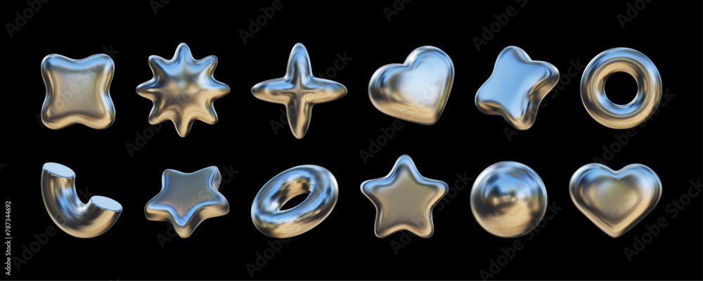 Aufkleber set of three-dimensional inflated geometric shapes, chrome elements for design in y2k style. vector 
