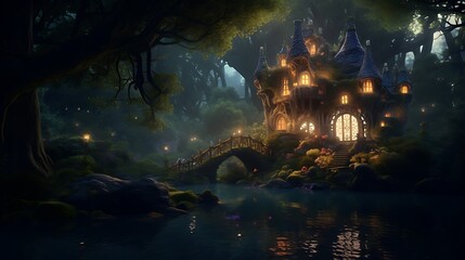 a digital artwork where a house transforms into an enchanted forest, with AI artists responsible...