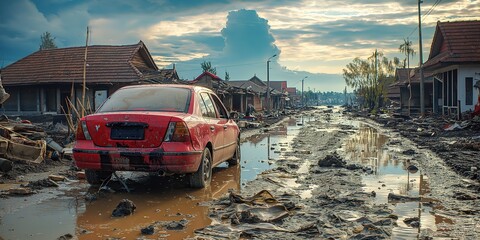 town coved with mud after big rain and floods, climate change crisis and extreme weather concept, Generative Ai - obrazy, fototapety, plakaty