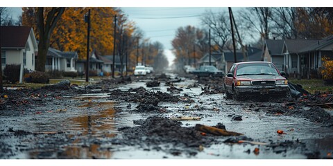 town coved with mud after big rain and floods, climate change crisis and extreme weather concept, Generative Ai