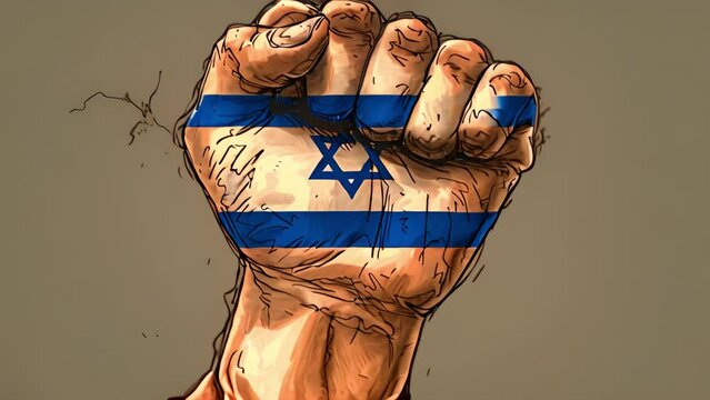 Animation raising fist Israel. Crowd with Israel flag in protest raising arms, Raised fists of men against the background of the flag of Israel painted on the wall, the concept  popular unity 4k