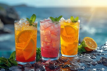 A refreshing summer mojito with lime and mint sits on a wooden table