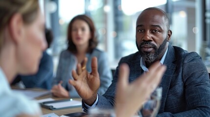 A leader communicating effectively with team members, listening actively and providing guidance. 