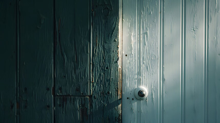 Close up the white vintage clean front door with iron knob near wood plank wall dark green color with copy space : Generative AI