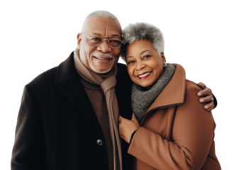 PNG  Happy black senior couple wearing a winter jacket laughing portrait scarf. 