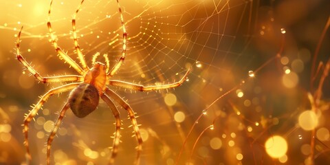 Close-up of a spider centered on a delicate web, with golden bokeh effect from the sunlight