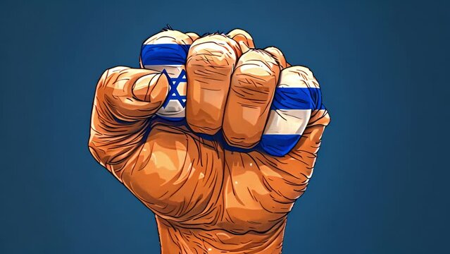 Animation raising fist Israel. Crowd with Israel flag in protest raising arms, Raised fists of men against the background of the flag of Israel painted on the wall, the concept  popular unity 4k
