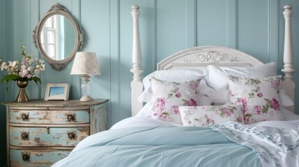 In the bedroom a luxurious fourposter bed is dressed in crisp white linens and topped with a soft floral duvet cover. The walls are painted in a soft pastel blue creating a calming .
