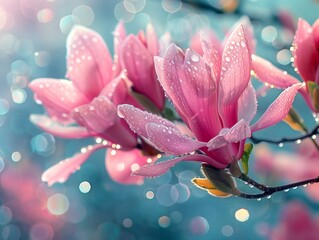 Pink magnolia blossom, dew drops, the beauty of nature.