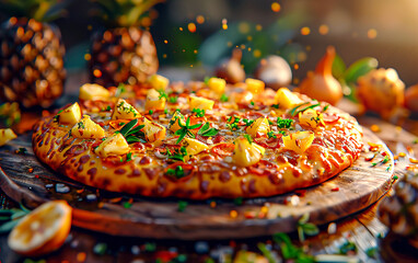 Close-up shot of a slice of Pineapple Paradise Pizza, showcasing its golden-brown crust, gooey cheese, and mouthwatering toppings - obrazy, fototapety, plakaty