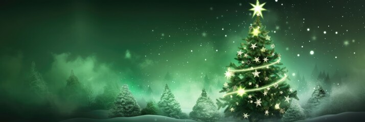 Beautiful winter landscape with a decorated christmas tree. Christmas trees on shiny green background.