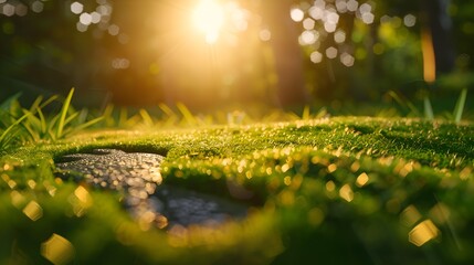 Magical Meadow Illuminated by Radiant Sunlight and Reflecting Puddles