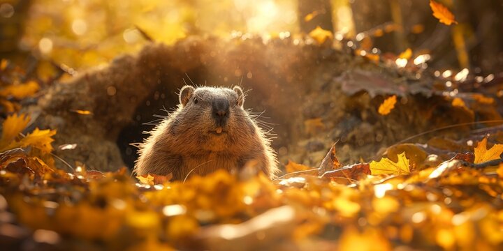 Captivating image of a groundhog surrounded by vibrant autumn leaves basking in the golden sunlight of the forest