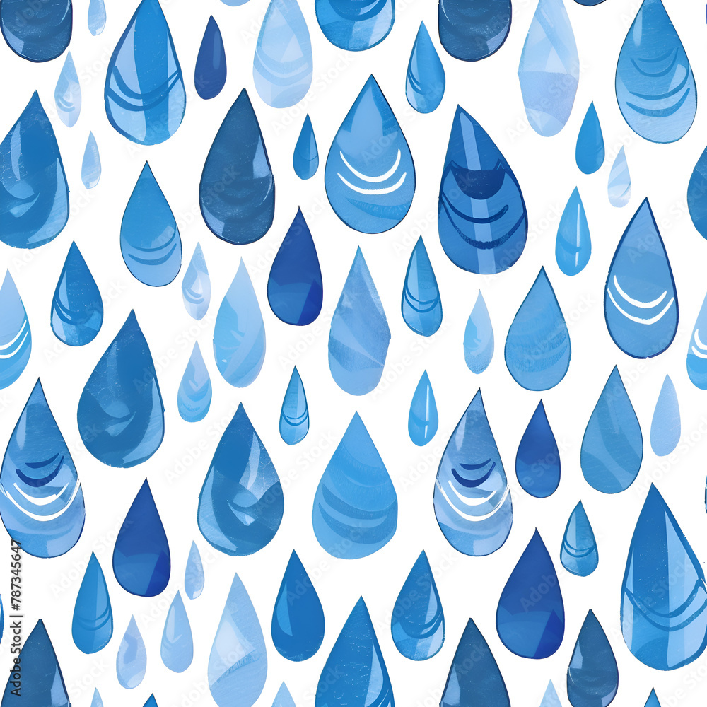 Poster a blue and white pattern of raindrops. the blue drops are scattered throughout the white background,