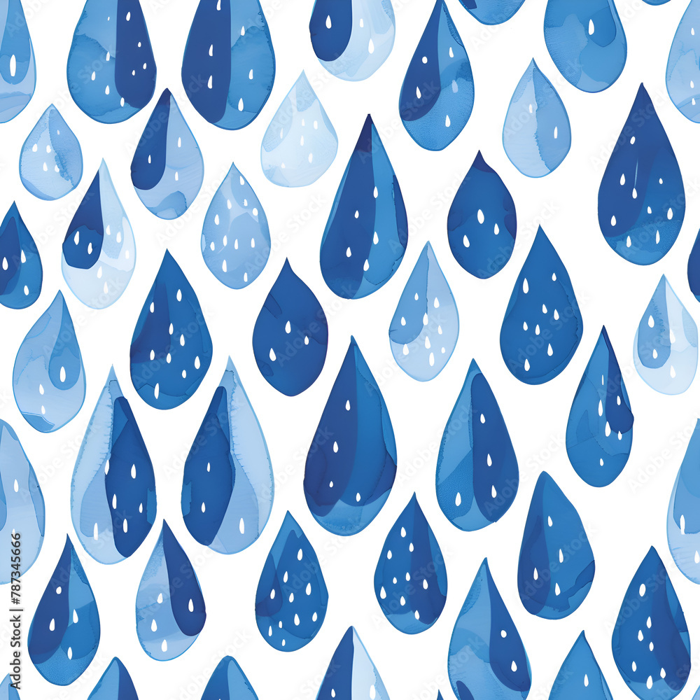 Poster a blue and white pattern of raindrops. the blue drops are scattered throughout the white background,