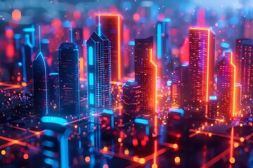 A 3D render of abstract glowing neon cityscape, futuristic financial concept