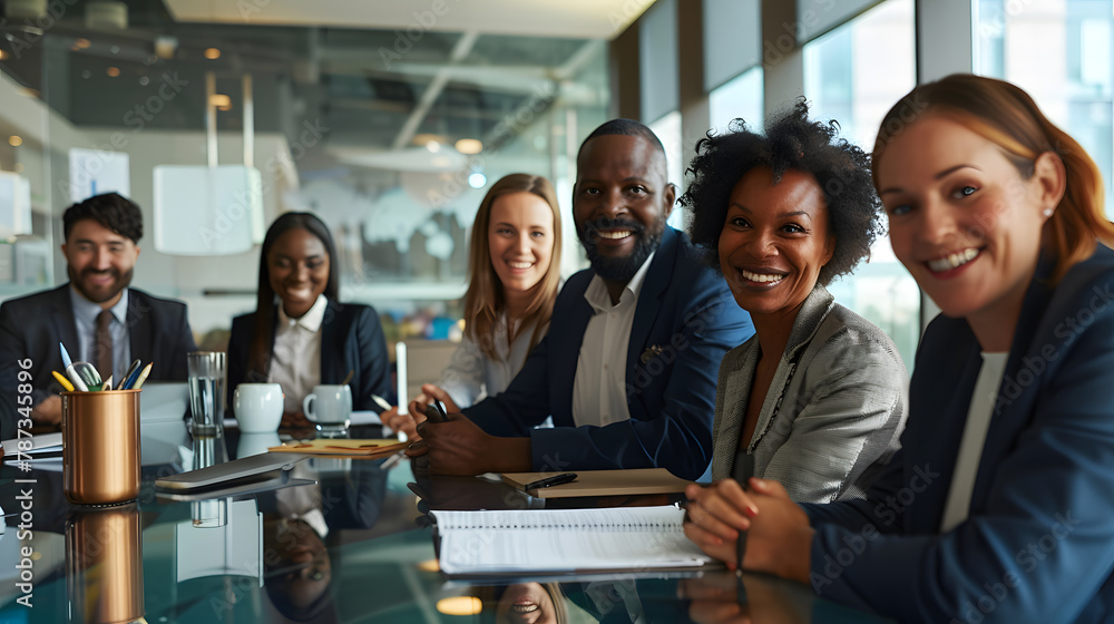 Poster smiling group of diverse businesspeople sitting around a boardroom table in an office during a meeti