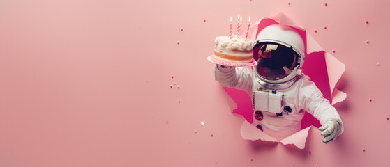 A trendy image featuring an astronaut coming out of a pink background wall, holding a cake with a planetary design, celebrating in space
