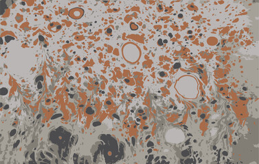 Abstract Stain pattern art. Traditional Turkish Ebru or Suminagashi technique. Gray and orange painting on water. Hand drawn vector illustration