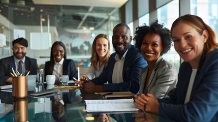 Smiling group of diverse businesspeople sitting around a boardroom table in an office during a meeting : Generative AI