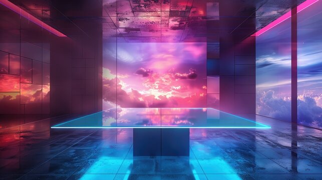 Glass table and LCD backdrop in a television studio setting digitally created image
