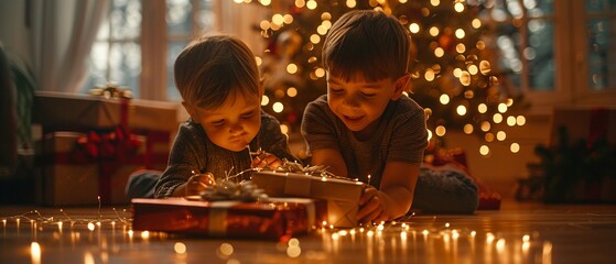 Children opening gifts, the lights, happy, bokeh