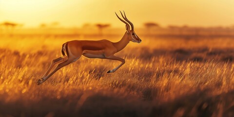 Majestic impala antelope in full sprint across a golden plains at sunset, showcasing natural agility and freedom - obrazy, fototapety, plakaty