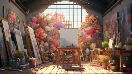 a scene where AI-generated painters collaborate to transform a house into a mesmerizing fusion of...