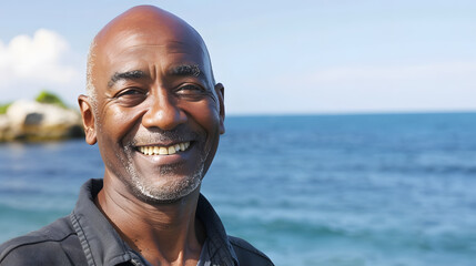 Cropped image of smiling african american bald senior man against scenic view of sea and clear sky Copy space summer portrait unaltered lifestyle vacation retirement enjoyment and natu : Generative AI - Powered by Adobe