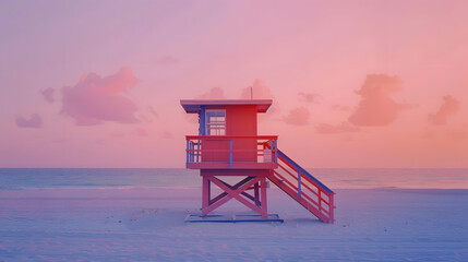 Lifeguard hut on the beach in Miami Florida colorful hut on the beach during sunrise Miami South Beach Sunny day on the beach : Generative AI