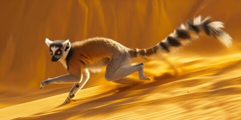 A lively lemur dashing across warm desert sands with its long striped tail trailing behind in the sunlight