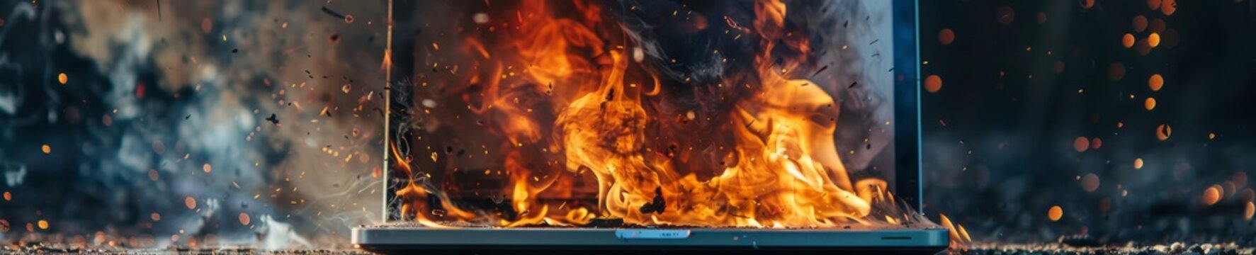 Old workhorse laptop ablaze, a smoldering pyre to the undying spirit of technology