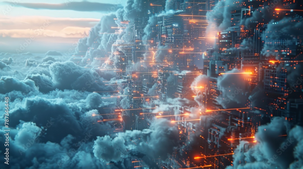 Poster a cityscape with a lot of smoke and fire in the sky. the sky is filled with clouds and the buildings