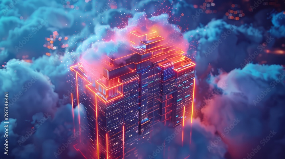 Poster a tall building with a red roof is lit up in the night sky. the building is surrounded by clouds, gi
