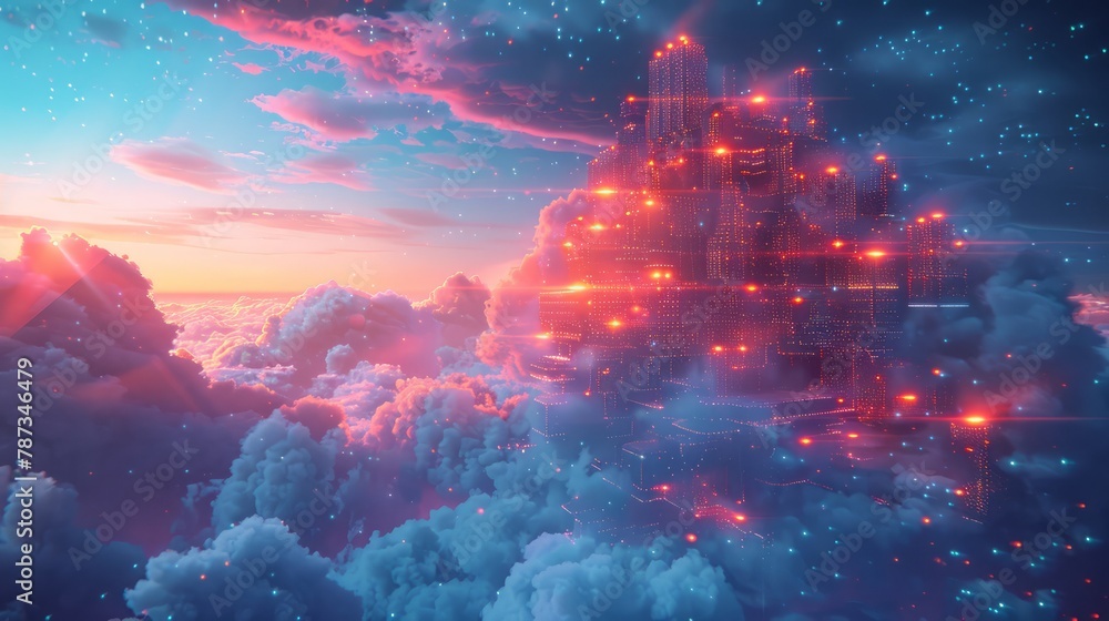 Poster A colorful sky with a large building in the middle. The sky is filled with clouds and the building is lit up with red lights. Scene is bright and cheerful, with the colors of the sky