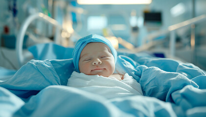 Newborn Caucasian baby in delivery room. Closeup baby face in labor room background. Healthy adorable infant in hospital clinic. Child birth.