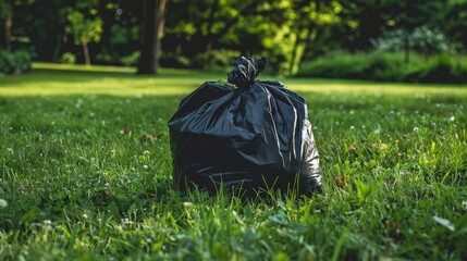 Dark waste sack on green lawn