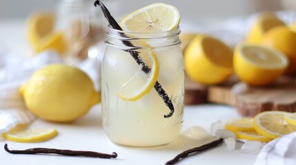 Mason Jar Filled With Lemonade on Table - obrazy, fototapety, plakaty
