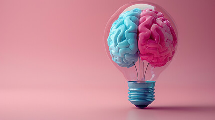 Brightly colored, cute minimalistic 3D brain in a lightbulb, representing vibrant, innovative thinking