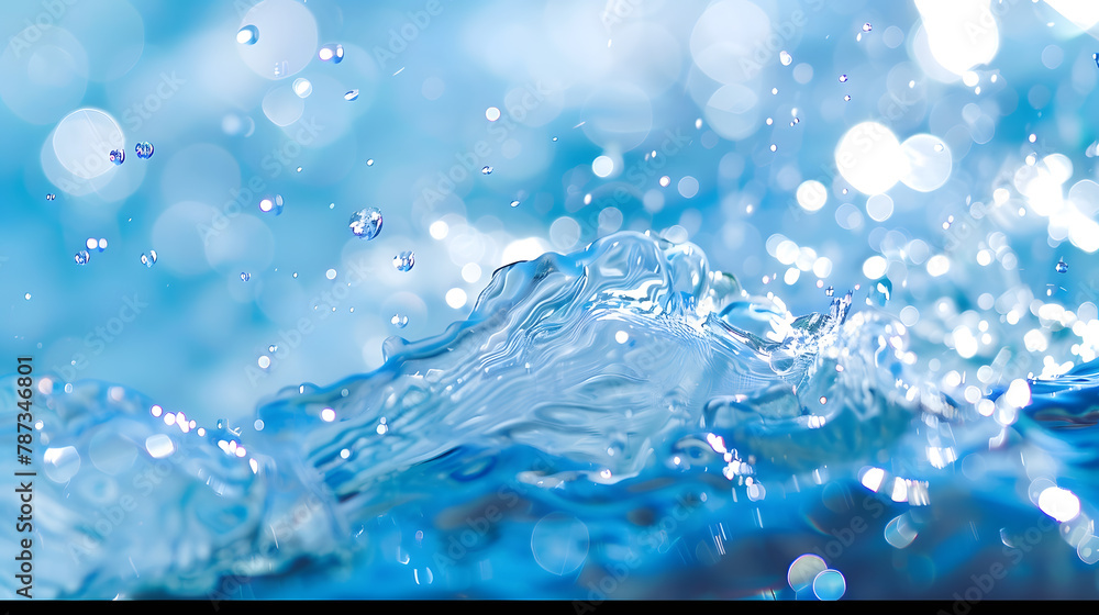 Poster defocus blurred transparent blue colored clear calm water surface texture with splashes and bubbles 
