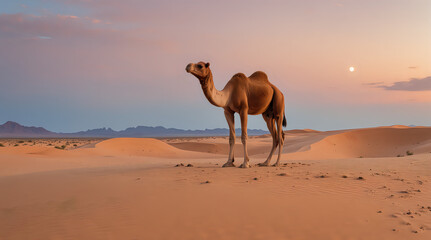 a solitary camel standing in the serene expanse of a desert with smooth sand dunes under a pastel-hued sky at sunset or sunrise, creating a peaceful and picturesque scene