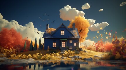 a scene where AI painters use generative algorithms to a house that changes its appearance based on the viewer's emotions and thoughts - obrazy, fototapety, plakaty