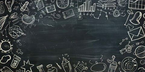 A chalkboard background with doodles and drawings related to education, leaving space for text additions. 
