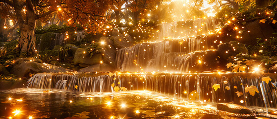 Enchanted Forest Scene with Flowing Waterfall at Night, Magical Lighting, and Lush Greenery, Fairy-tale Environment - obrazy, fototapety, plakaty