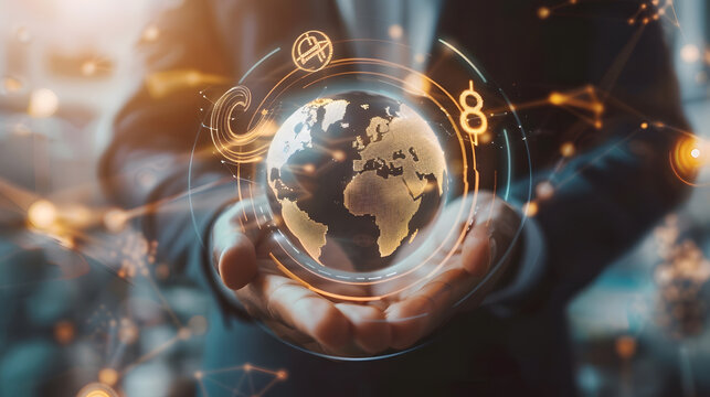 Global currency exchange and forex concept Business man hand holding world with virtual line effect and dollar yuan yen euro and pound sterling sign with copy space : Generative AI