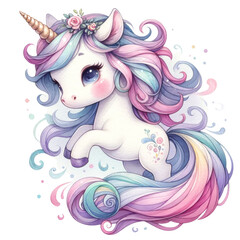 Cute unicorn, bright and soft watercolor style. Illustration on a transparent background.