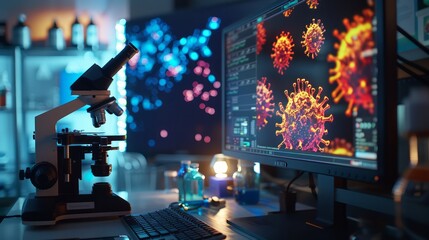 A computer monitor displays a virus on a screen. The image is set in a lab with a microscope and other scientific equipment. Scene is serious and focused - obrazy, fototapety, plakaty