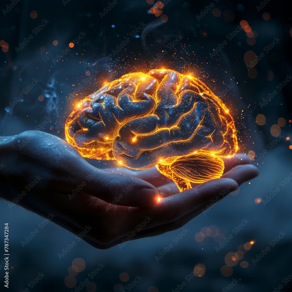 Poster a hand holding a glowing brain. the brain is surrounded by a glowing aura, giving it a sense of life